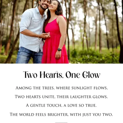 Two hearts, one glow. This image, set in a sun-dappled forest, captures the pure joy and laughter between the couple. The natural light creates a soft, romantic ambiance.