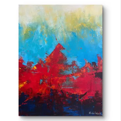 Part of my 2024 series 'Rise', this abstract painting contrasts fiery red with serene blue. It's an exploration of energy and balance, created with expressive textures and bold acrylic strokes.