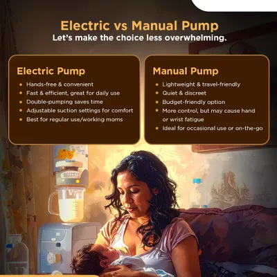Choosing between an electric and a manual breast pump can be overwhelming. This simple guide breaks down the pros and cons of each, helping you decide based on your lifestyle, from the hands-free convenience of an electric pump for working moms to the discreet portability of a manual one for on-the-go use.