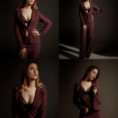 This four-image grid showcases a range of poses in a single power suit. It's a perfect deliverable for a model's portfolio, showing versatility in one post.