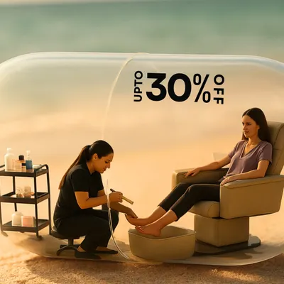 An image from our Summer Edit 2025 promotion. We offer seasonal deals and packages, like this one with up to 30% off, to ensure you can enjoy our luxury services and get your glow on.