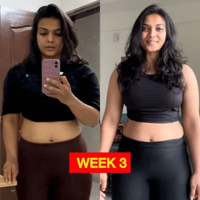 A before and after shot from my sustainable transformation series. This visible progress in just three weeks was a result of consistent workouts and small, important changes to my food habits.