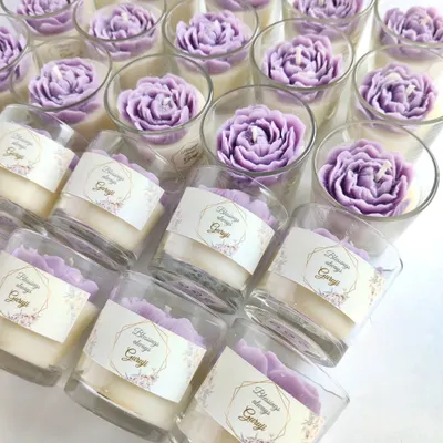 An order of 25 personalized peony votive candles in a lovely lavender color, created as return gifts for a Guruji Satsang in Delhi.