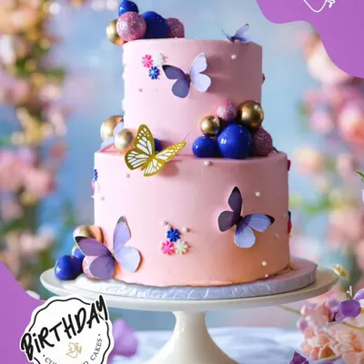 A two-tier butterfly wonderland for Dhwani's birthday in Sushant Lok. This magical pink cake is adorned with a flutter of beautiful, colorful butterflies, creating a truly enchanting centerpiece.
