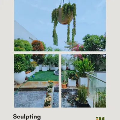This collage captures the essence of my terrace garden projects, which I call "sculpting living spaces." It shows how I combine hanging plants, container gardens, and artificial grass to create a multi-layered, green oasis on a city rooftop.