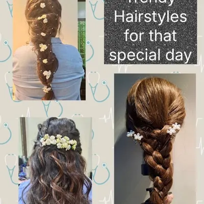 A collection of trendy hairstyles perfect for a special day. This includes a long, flowing braid decorated with fresh jasmine flowers (gajra) and other braided styles.