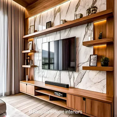 This entertainment center combines a full-wall marble-effect panel with rich wood shelving and cabinetry. The integrated LED backlighting highlights the textures and provides a warm glow, creating a sophisticated focal point for the living room.