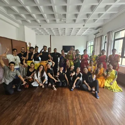 A joyful group photo after a collaborative workshop with the Embassy of Colombia and the salsa group 'Ensalsate'. We explored the fusion of salsa with Bharatanatyam, Kuchipudi, and Chhau.