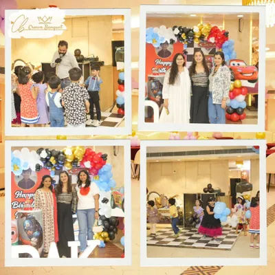 A collage from a "Cars" themed birthday party. It shows the themed backdrop with Lightning McQueen, kids enjoying games on the dance floor, and guests posing for photos.