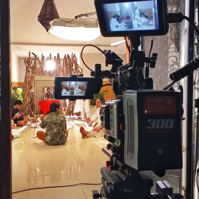 A view from behind my camera on the set of a YouTube video shoot for Purav Jha. This shot shows the multi-camera setup we used to cover the scene.