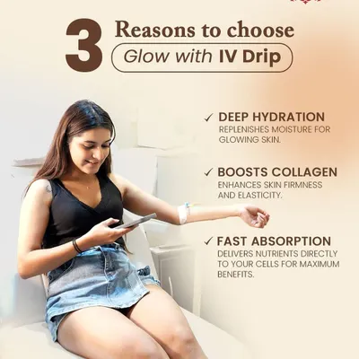 This graphic outlines three key reasons to choose my "Glow with IV Drip" therapy. It provides deep hydration, boosts collagen for improved firmness, and ensures fast absorption of nutrients for maximum benefits from the inside out.