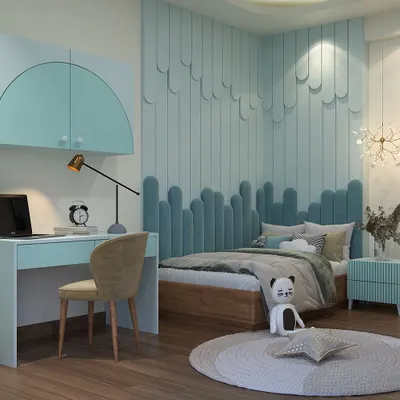 This modern kids' room in Ivy County, Noida, showcases a serene and sophisticated design. We used a soft teal palette, custom wall paneling with a wave-like texture, and a sleek study area to create a space that is both calming and conducive to creativity.