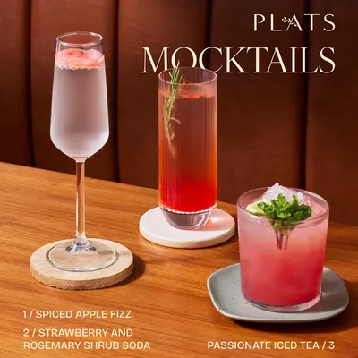 Introducing our new mocktail menu. Featuring the Spiced Apple Fizz, a Strawberry and Rosemary Shrub Soda, and a Passionate Iced Tea, these drinks are complex, refreshing, and entirely alcohol-free.