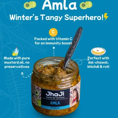 Our Amla pickle is winter's tangy superhero. Packed with Vitamin C for an immunity boost, it's made with pure mustard oil and no preservatives. Perfect with dal-chawal, khichdi, and roti.