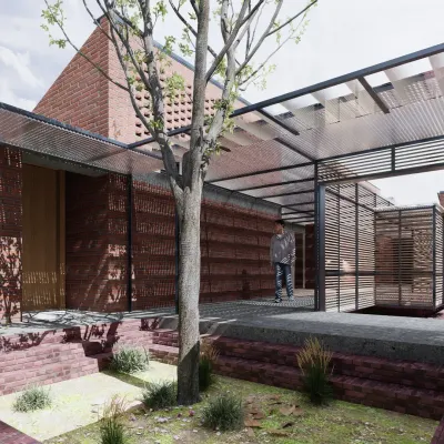 At Studio Tarai, we explored the interplay of different volumes and materials. The design features exposed brick walls, perforated brick screens, and a lightweight steel structure to create interwoven courts and spaces.
