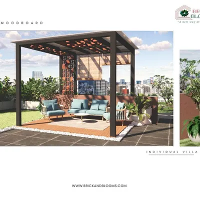 A design concept for a rooftop lounge featuring a modern pergola with terracotta jali inserts. The comfortable seating and surrounding greenery create an inviting space to relax and enjoy the city view.