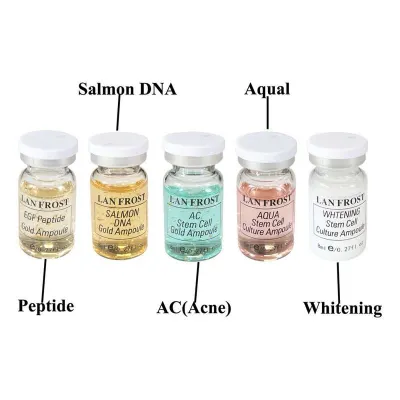Wondering which ampoule is right for you? This image showcases some of the specialized Lan Frost serums I use, each targeting a different concern like aging (Peptide, Salmon DNA), acne (AC), hydration (Aqual), or brightening (Whitening).