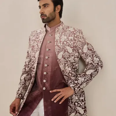 A full-length shot from a men's wedding wear campaign. My grooming work involved ensuring the model's skin was even and matte under the studio lights, along with light hairstyling to look neat and sophisticated.