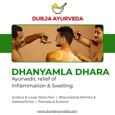 Dhanyamla Dhara is a therapy where a warm, fermented herbal liquid is poured over the body. It is highly effective for reducing inflammation and swelling associated with sciatica, arthritis, and psoriasis.