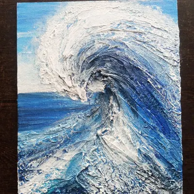 This heavily textured wave painting is a key sample for my workshops. You can see how the thick application of texture paste creates a powerful 3D effect, making the wave feel like it's crashing out of the canvas.