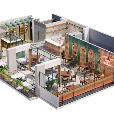 An isometric 3D render of the pizzeria's layout, showcasing the flow from the outdoor patio to the main dining area. This view was crucial for planning the spatial arrangement and establishing the design language of exposed brick and arches.