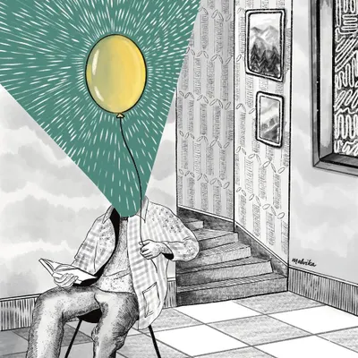 In this surreal illustration, a person's head is replaced by a bright yellow balloon, symbolizing a mind filled with light and fleeting thoughts. It's about finding joy in the small, in-between moments of life, even when the world around is just black and white.