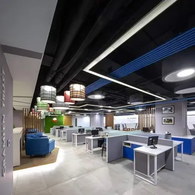 A full view of a modern office interior where I installed various acoustic treatments, including colorful ceiling baffles and sound-absorbing partitions to control noise in an open-plan layout.