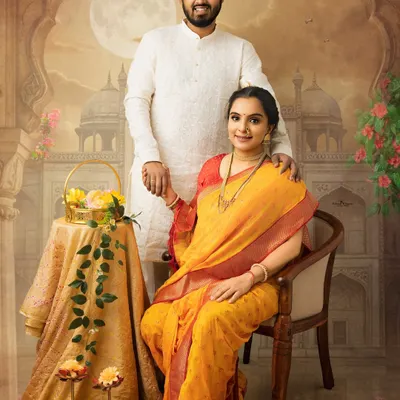 A classic seated portrait that echoes the elegance of royal paintings. The husband stands protectively by his wife, creating a composition of grace and togetherness in our fine art style.