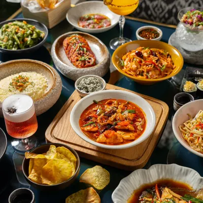 A full table spread showcasing the variety of an Asian-inspired menu. This type of large-scale food photography is perfect for website banners and promotional materials.