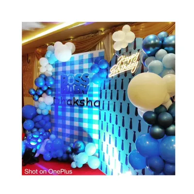 We bring popular kids' themes to life, like this complete 'Boss Baby' birthday party setup. This includes a custom-printed backdrop, a vibrant balloon arch in shades of blue and white, and marquee letters spelling out the birthday boy's name.