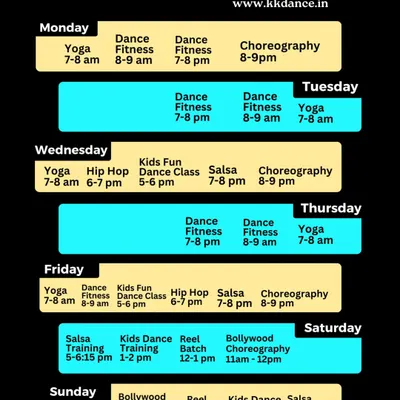 Here is our complete weekly schedule. With classes ranging from Yoga and Dance Fitness to Bollywood, Salsa, and Hip Hop, there is something for everyone, every day of the week.