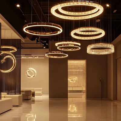 This installation of cascading crystal rings in a commercial space shows the scale and grandeur I can bring to a project. I design lighting to create an atmosphere of pure opulence, turning any entrance or hall into a memorable experience.