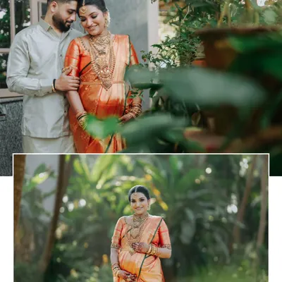 A collage showcasing both a tender couple's portrait and a solo shot of the expecting mother, radiant in her orange silk saree amidst lush greenery. This captures the blend of partnership and individual strength in the pregnancy journey.