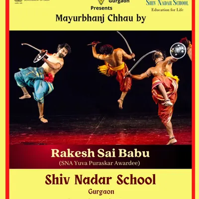 This poster announces a Mayurbhanj Chhau performance at Shiv Nadar School, organized by SPIC MACAY. We frequently partner with educational institutions to introduce students to classical arts.
