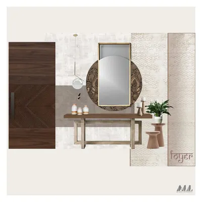 This mood board for a commercial foyer establishes the initial impression of a space. We blend textures like carved wood and patterned walls with statement pieces like a modern mirror and console to set the design direction.
