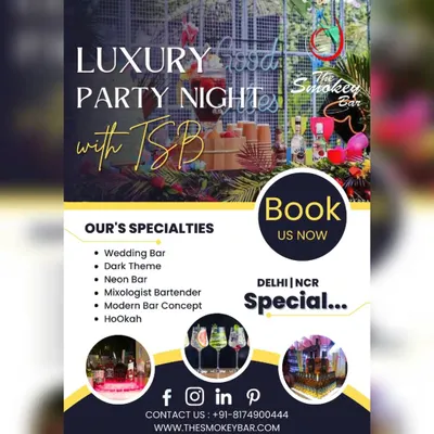 A look at what I offer for a 'Luxury Party Night'. My specialties include themed bars, mixologist bartenders, and hookah services, with special packages for Delhi NCR.