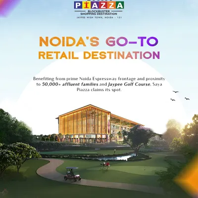 Saya Piazza is strategically located to be Noida's go-to retail destination. This image highlights its prime Noida Expressway frontage and proximity to over 50,000 affluent families and the Jaypee Golf Course.