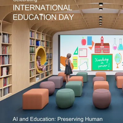 In celebration of International Education Day, we reflected on the theme of preserving human agency in a world of automation. This image from one of our library designs illustrates a space where technology and human-centric design coexist.