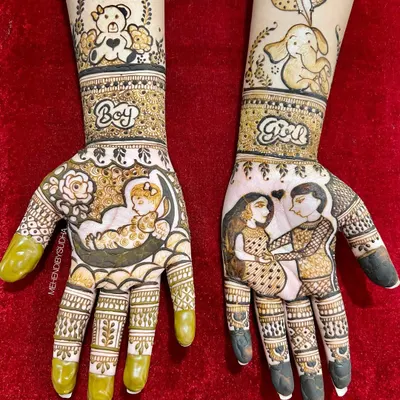 A complete view of a creative baby shower mehendi. One hand wishes for a boy with a teddy bear, and the other for a girl with an elephant, celebrating the joy of what's to come.