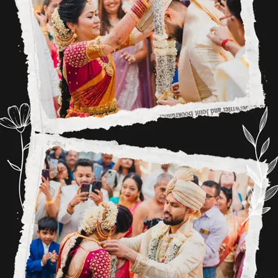 The playful and pivotal Varmala exchange, a moment of joy and acceptance. We capture the energy of the crowd and the happiness of the couple in this beautifully framed shot.