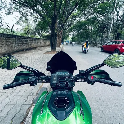 The cockpit view from a green Dominar on a tree-lined street in Bengaluru. This is the perspective from which we see our city.