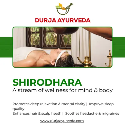 Shirodhara involves a continuous stream of warm herbal oil poured onto the forehead. This therapy promotes deep relaxation, enhances mental clarity, and is an effective natural remedy for headaches and poor sleep.