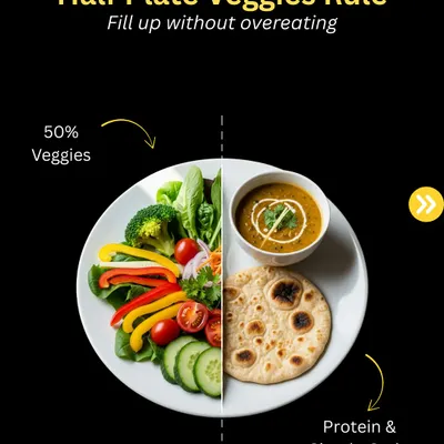 Want to lose weight without starving? This carousel shows my "half plate veggies" rule. Filling half your plate with vegetables helps you fill up without overeating, while the other half has your protein and carbs.