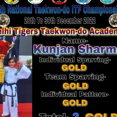 Kunjan Sharma's incredible achievement at the 37th National Championship: three Gold medals in Individual Sparring, Team Sparring, and Individual Pattern. A true testament to her dedication.