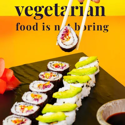 Who says vegetarian food is boring? My vibrant and 100% vegetarian sushi proves otherwise, filled with crisp vegetables and topped with fresh avocado.