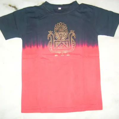 A full view of a black and red tie-dye T-shirt featuring a hand-painted traditional peacock motif in gold. This is a great way to add a touch of ethnic art to your wardrobe.