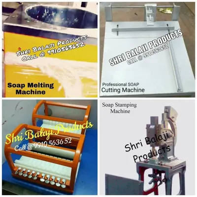 Here is a snapshot of the professional equipment I provide. This includes a soap melting machine, a professional wire soap cutter for even bars, a multi-bar cutter, and a heavy-duty soap stamping machine for branding.