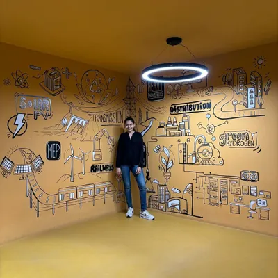 Standing in the middle of a 360-degree doodle mural I created for the Amara Raja Group office in Hyderabad. The entire room tells the story of their business verticals through illustration.