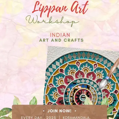 Our Lippan Art workshop poster, inviting you to explore this traditional mud and mirror art form from Kutch, Gujarat. These classes are held regularly at our Koramangala studio for all skill levels.