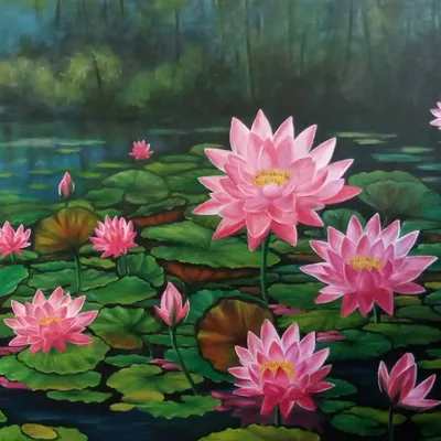 A large 8x3 ft oil on canvas painting of a vibrant lotus pond. This commissioned work is filled with blooming pink lotuses and lily pads, creating a lush and spiritual landscape that feels both realistic and dreamlike.
